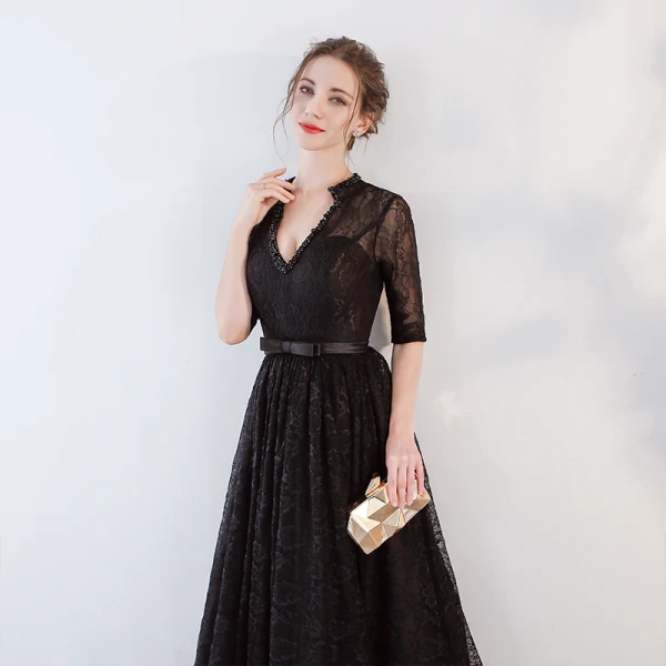 Modern / Fashion Black Evening Dresses  2018 A-Line / Princess Beading Bow Lace V-Neck Backless Pierced 1/2 Sleeves Floor-Length / Long Formal Dresses