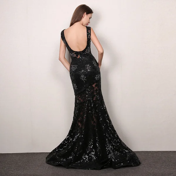 Sexy Noire Robe De Soirée 2019 Trompette / Sirène Encolure Dégagée Paillettes Faux Diamant En Dentelle Fleur Sans Manches Dos Nu Train De Balayage Robe De Ceremonie