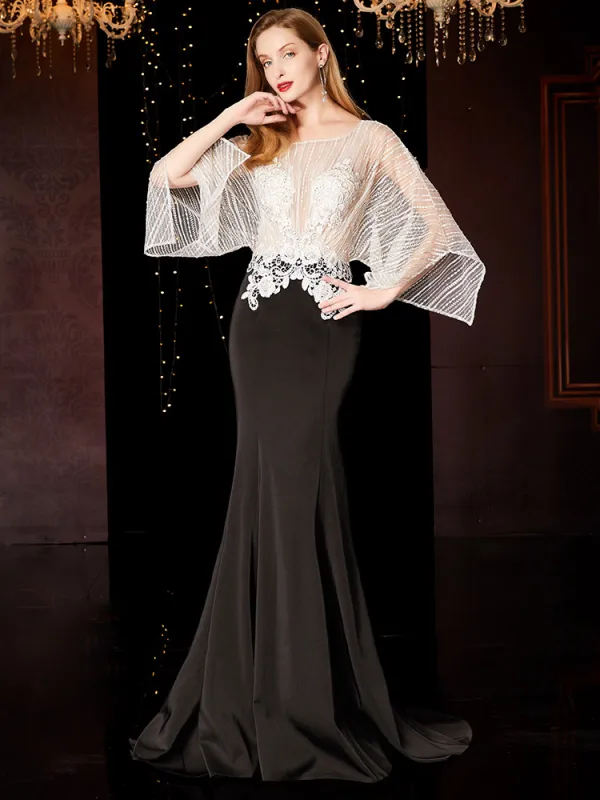Luxury / Gorgeous Black Evening Dresses 2019 Trumpet / Mermaid Scoop Neck Beading Lace Flower Long Sleeve Backless Sweep Train Formal Dresses