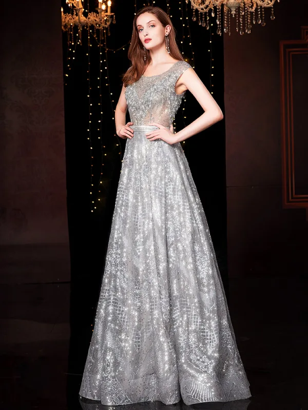 gray sequin evening dresses 2019 Deep V Neck Silver Sparkly Prom Dresses Open Back 2022 Long A Line Swe –  Anna PromDress