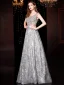 Luxury / Gorgeous Silver Evening Dresses  2019 A-Line / Princess Scoop Neck Lace Sequins Sleeveless Backless Floor-Length / Long Formal Dresses