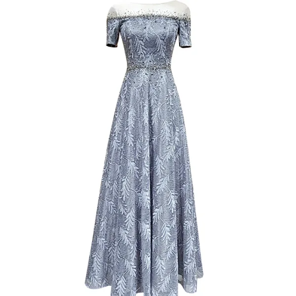 Luxury / Gorgeous Grey Evening Dresses  2019 A-Line / Princess Scoop Neck Beading Rhinestone Lace Flower Short Sleeve Floor-Length / Long Formal Dresses