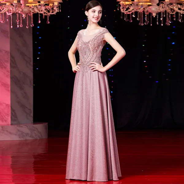 Luxury / Gorgeous Candy Pink Evening Dresses  2019 A-Line / Princess Scoop Neck Beading Tassel Pearl Lace Flower Crystal Cap Sleeves Floor-Length / Long Formal Dresses