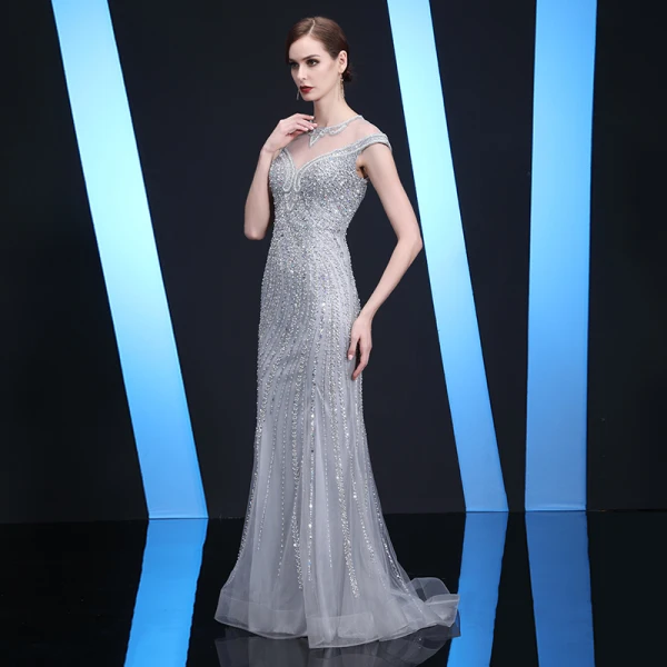 Luxury / Gorgeous Gold Evening Dresses 2019 Trumpet / Mermaid Scoop Neck Beading Sequins Pearl Crystal Rhinestone Sleeveless Sweep Train Formal Dresses
