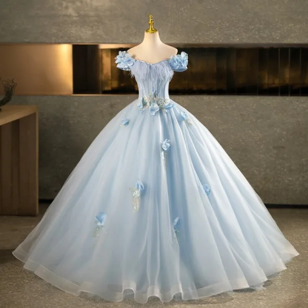 Elegant Sky Blue Beading Sequins Appliques Prom Dresses 2025 Ball Gown Off-The-Shoulder Tassel Short Sleeve Backless Floor-Length / Long Formal Dresses