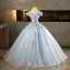 Elegant Sky Blue Beading Sequins Appliques Prom Dresses 2025 Ball Gown Off-The-Shoulder Tassel Short Sleeve Backless Floor-Length / Long Formal Dresses