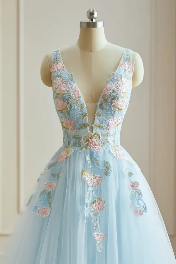 Flower Fairy Sky Blue 3D Lace Prom Dresses 2024 Crossed Straps Floor-Length / Long V-Neck Dancing Sleeveless A-Line / Princess Formal Dresses