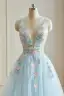 Flower Fairy Sky Blue 3D Lace Prom Dresses 2024 Crossed Straps Floor-Length / Long V-Neck Dancing Sleeveless A-Line / Princess Formal Dresses