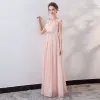 Elegant Pearl Pink Evening Dresses  2018 Empire Lace Appliques Crystal Sash Scoop Neck Backless Sleeveless Floor-Length / Long Formal Dresses