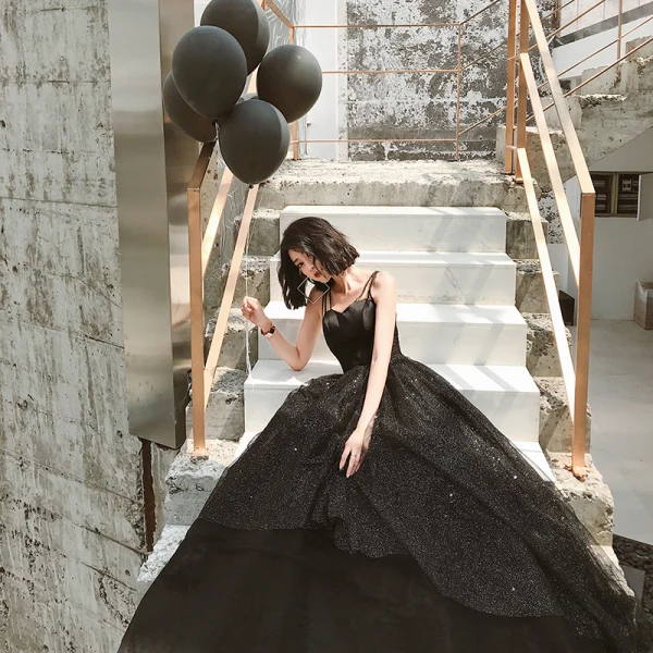 Modest / Simple Modern / Fashion Black Evening Dresses  2019 A-Line / Princess Scoop Neck Sleeveless Floor-Length / Long Formal Dresses