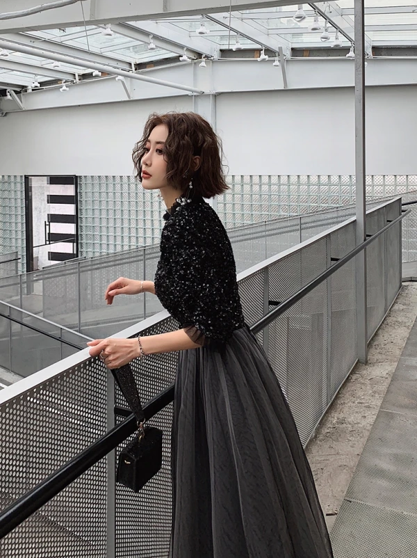 Modern / Fashion Black Evening Dresses 2019 A-Line / Princess Sequins High Neck 1/2 Sleeves Backless Floor-Length / Long Formal Dresses