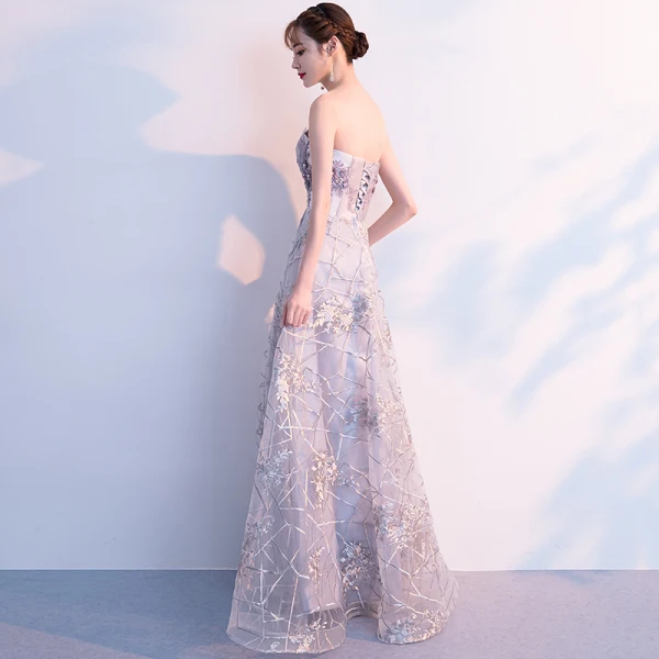 Elegante Silber Abendkleider 2019 A Linie Bandeau Strass Spitze Blumen Ärmellos Rückenfreies Lange Festliche Kleider