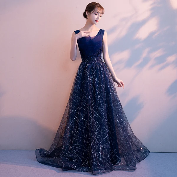 Chic / Beautiful Navy Blue Evening Dresses 2019 A-Line / Princess V-Neck Sequins Rhinestone Lace Flower Sleeveless Backless Sweep Train Formal Dresses