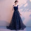 Chic / Beautiful Navy Blue Evening Dresses  2019 A-Line / Princess V-Neck Sequins Rhinestone Lace Flower Sleeveless Backless Sweep Train Formal Dresses