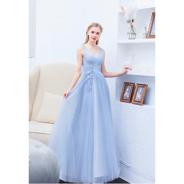 Élégant Bleu Ciel Volants Robe De Soirée 2019 Princesse V-Cou Paillettes En Dentelle Fleur Noeud Sans Manches Dos Nu Longue Robe De Ceremonie