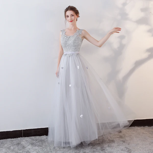 Élégant Gris Robe De Soirée 2018 Princesse Cristal En Dentelle Fleur Appliques Ceinture V-Cou Dos Nu Sans Manches Longue Robe De Ceremonie