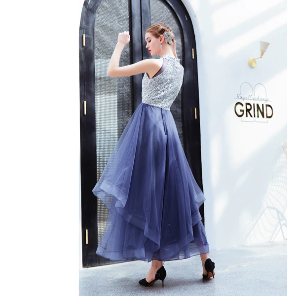 Charmant Océan Bleu Robe De Soirée 2019 Princesse Col Haut Paillettes Sans Manches Longueur Cheville Robe De Ceremonie