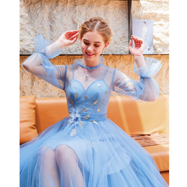 Moderne / Mode Bleu Robe De Soirée 2019 Princesse Col Haut Perle Appliques Paillettes En Dentelle Fleur Manches Longues Dos Nu Longue Robe De Ceremonie