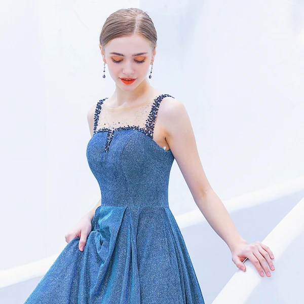Charming Ocean Blue Evening Dresses 2019 A-Line / Princess Scoop Neck Rhinestone Sequins Sleeveless Floor-Length / Long Formal Dresses