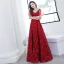 Chic / Beautiful Burgundy Evening Dresses  2019 A-Line / Princess V-Neck Beading Lace Flower Short Sleeve Backless Floor-Length / Long Formal Dresses