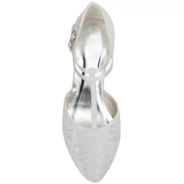 Elegant Ivory Satin Lace Wedding Shoes 2021 T-Strap 5 cm Thick Heels Pointed Toe Wedding High Heels