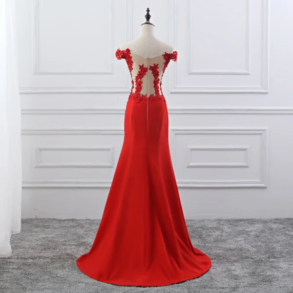 Chic / Belle Bordeaux Robe De Soirée 2019 Trompette / Sirène De l'épaule Perlage Paillettes En Dentelle Fleur Manches Courtes Dos Nu Train De Balayage Fendue devant Robe De Ceremonie