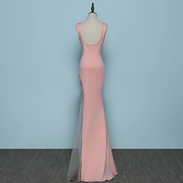Chic / Belle Perle Rose Robe De Soirée 2019 Trompette / Sirène V-Cou Faux Diamant Sans Manches Dos Nu Longue Robe De Ceremonie