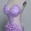 Sexy Lilac See-through Evening Dresses  2019 Trumpet / Mermaid V-Neck Appliques Sleeveless Backless Sweep Train Formal Dresses