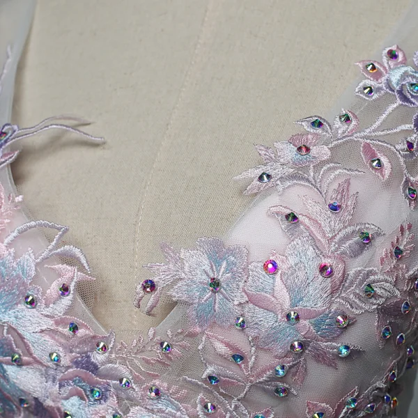Sexy Bleu Robe De Soirée 2019 Trompette / Sirène V-Cou Faux Diamant En Dentelle Fleur Sans Manches Dos Nu Train De Balayage Robe De Ceremonie