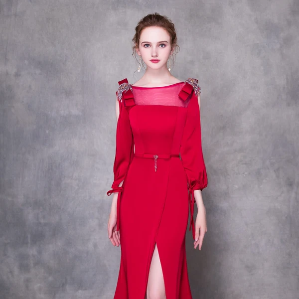 Chic / Beautiful Burgundy Evening Dresses  2019 Trumpet / Mermaid Scoop Neck Bow Beading Crystal Short Sleeve Sweep Train Formal Dresses