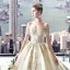 Charming Champagne Wedding Dresses 2019 A-Line / Princess Off-The-Shoulder Beading Sequins Lace Flower Short Sleeve Backless Royal Train