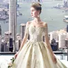 Charming Champagne Wedding Dresses 2019 A-Line / Princess Off-The-Shoulder Beading Sequins Lace Flower Short Sleeve Backless Royal Train