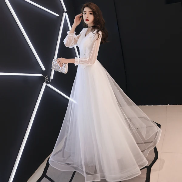 Elegant White Evening Dresses 2019 A-Line / Princess V-Neck Sequins Lace Flower 3/4 Sleeve Floor-Length / Long Formal Dresses Elegant White Evening Dresses 2019 A-Line / Princess V-Neck Sequins Lace Flower 3/4 Sleeve Floor-Length / Long Formal Dresses