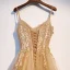 Élégant Champagne Robe De Soirée 2019 Princesse Bretelles Spaghetti Perlage Faux Diamant En Dentelle Fleur Sans Manches Dos Nu Longue Robe De Ceremonie
