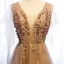 Élégant Champagne Robe De Soirée 2019 Princesse V-Cou Perlage Faux Diamant Appliques En Dentelle Fleur Manches Courtes Dos Nu Train De Balayage Robe De Ceremonie