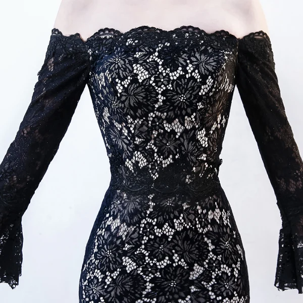 Chic / Beautiful Black Evening Dresses 2018 Trumpet / Mermaid Lace Flower Off-The-Shoulder Backless Long Sleeve Floor-Length / Long Formal Dresses