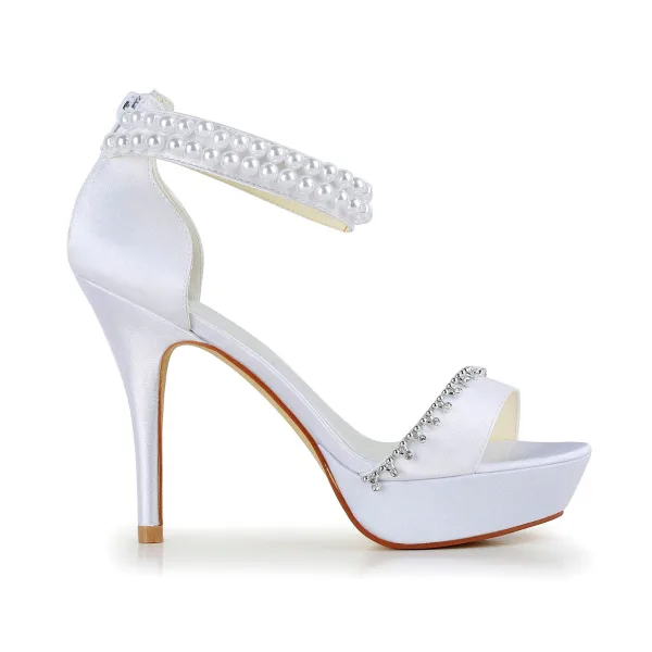 Sexy White Satin Prom Latin Dance Shoes 2021 Pearl Ankle Strap 10 cm Open / Peep Toe Womens Sandals High Heels