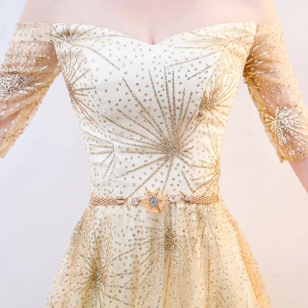 Scintillantes Doré Robe De Soirée 2018 Princesse Glitter Paillettes Métal Ceinture De l'épaule Dos Nu Manches Courtes Longue Robe De Ceremonie
