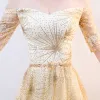 Sparkly Gold Evening Dresses  2018 A-Line / Princess Glitter Sequins Metal Sash Off-The-Shoulder Backless Short Sleeve Floor-Length / Long Formal Dresses