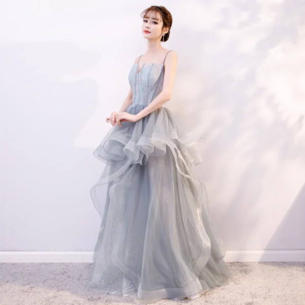Modern / Fashion Sage Green Silver Prom Dresses 2019 A-Line / Princess Spaghetti Straps Lace Flower Sleeveless Backless Cascading Ruffles Floor-Length / Long Formal Dresses