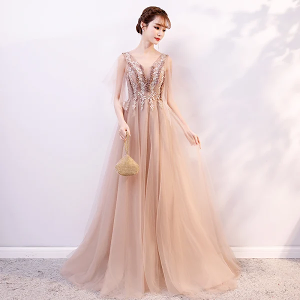 Elegant Champagne Evening Dresses 2019 A-Line / Princess V-Neck Appliques Lace Flower Sequins Short Sleeve Backless Floor-Length / Long Formal Dresses