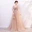 Elegant Champagne Evening Dresses  2019 A-Line / Princess V-Neck Appliques Lace Flower Sequins Short Sleeve Backless Floor-Length / Long Formal Dresses