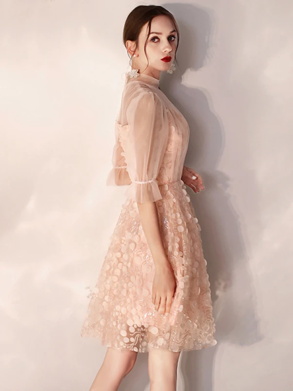 Modern / Fashion Pearl Pink Homecoming Graduation Dresses 2019 A-Line / Princess High Neck Appliques Sequins 1/2 Sleeves Knee-Length Formal Dresses
