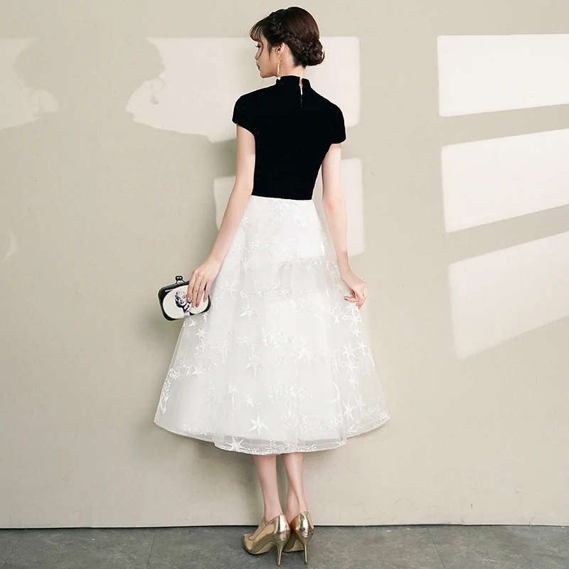 Chinese Style Black Homecoming Graduation Dresses 2019 A Line Princess High  Neck Lace Flower Star Short Sleeve Tea Length Formal Dresses