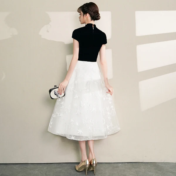 Chinese style Black Homecoming Graduation Dresses 2019 A-Line / Princess High Neck Lace Flower Star Short Sleeve Tea-length Formal Dresses