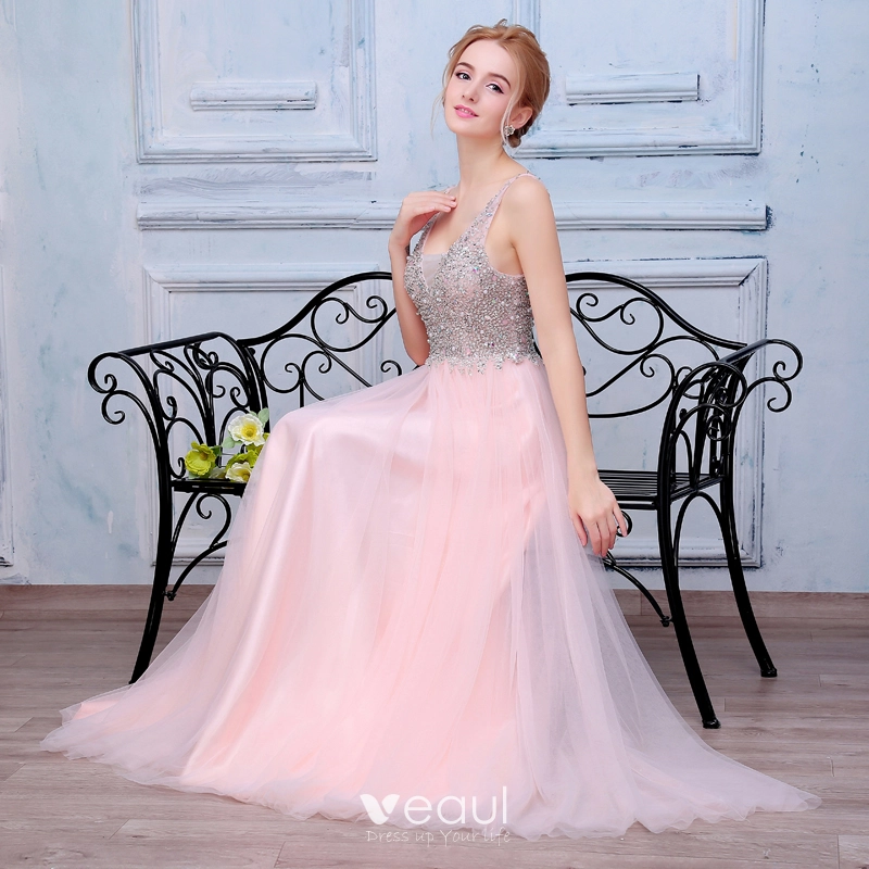 Elegant Blushing Pink Prom Dresses 2018 A Line Princess Beading Sequins Crystal Pearl V Neck Backless Sleeveless Floor Length Long Formal Dresses