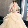 Luxury / Gorgeous Champagne Wedding Dresses 2019 Ball Gown Sweetheart Beading Sequins Lace Flower Sleeveless Backless Cascading Ruffles Chapel Train