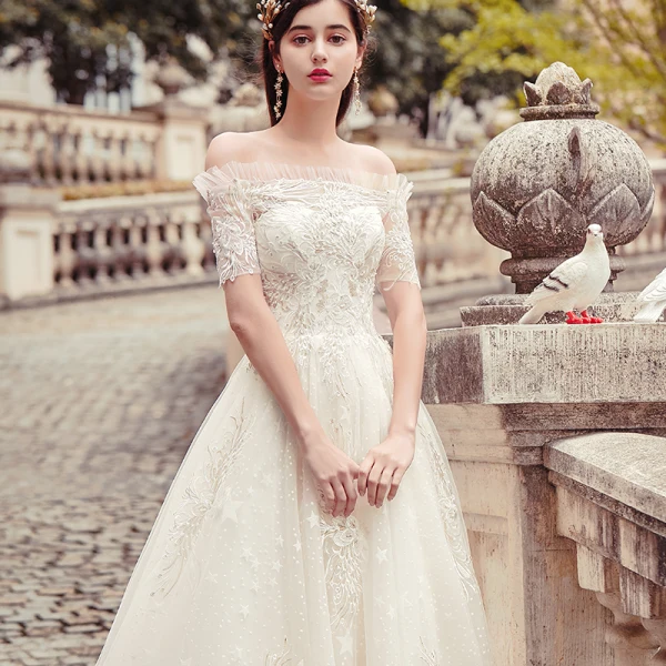 Chic / Beautiful Champagne Wedding Dresses 2019 A-Line / Princess Off-The-Shoulder Star Beading Lace Flower Short Sleeve Backless Floor-Length / Long