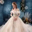 Luxe Champagne Robe De Mariée 2019 Robe Boule De l'épaule Perlage Paillettes En Dentelle Fleur Sans Manches Dos Nu Royal Train