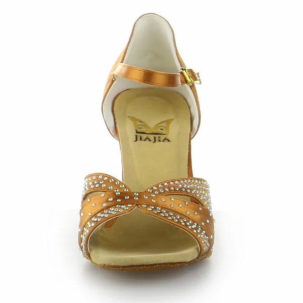Chic / Beautiful Bronze Rhinestone Prom Latin Dance Shoes 2021 7 cm Stiletto Heels Open / Peep Toe Womens Sandals High Heels